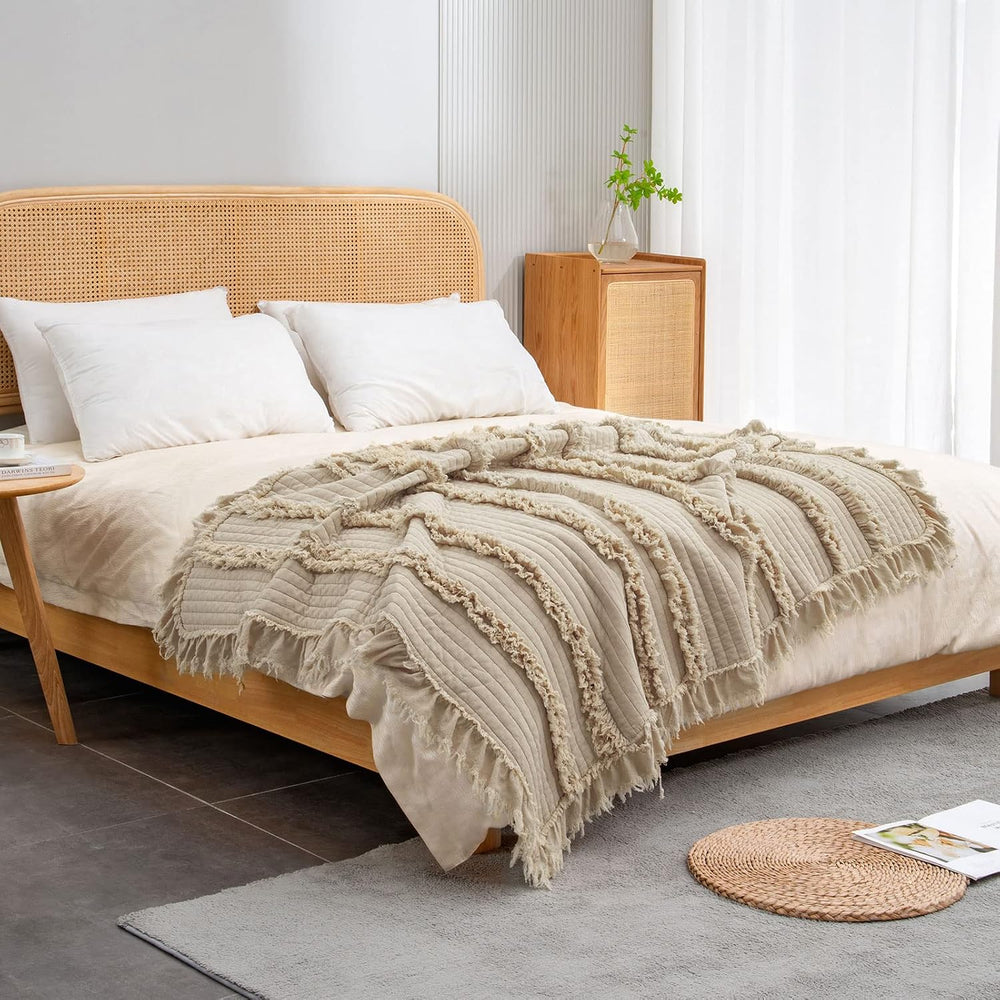 Ultra Soft Pre-Washed Quilted Boho Queen Size Blankets for Bed, Ruffle Fringe...