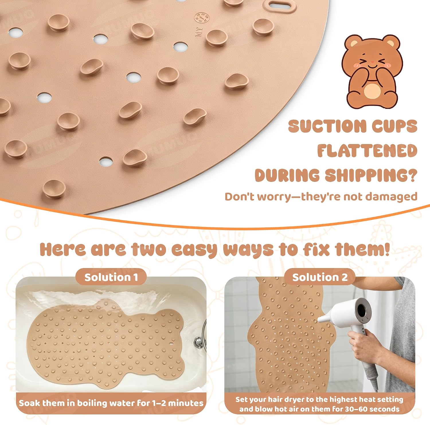 Kids Bathtub Mat Non Slip 30"x18" Soft Rubber Shower Mat for Kids | Baby Bath Mat for Tub, Bear Cartoon Design, 120+ Suction Cups, 40+ Drain Holes, Machine Washable Non-slip Tub Mat