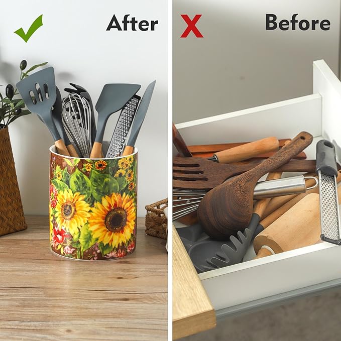7" Oil Painting Sunflower Utensil Holder, Large Kitchen Utensil Holder Organizer - Image 6
