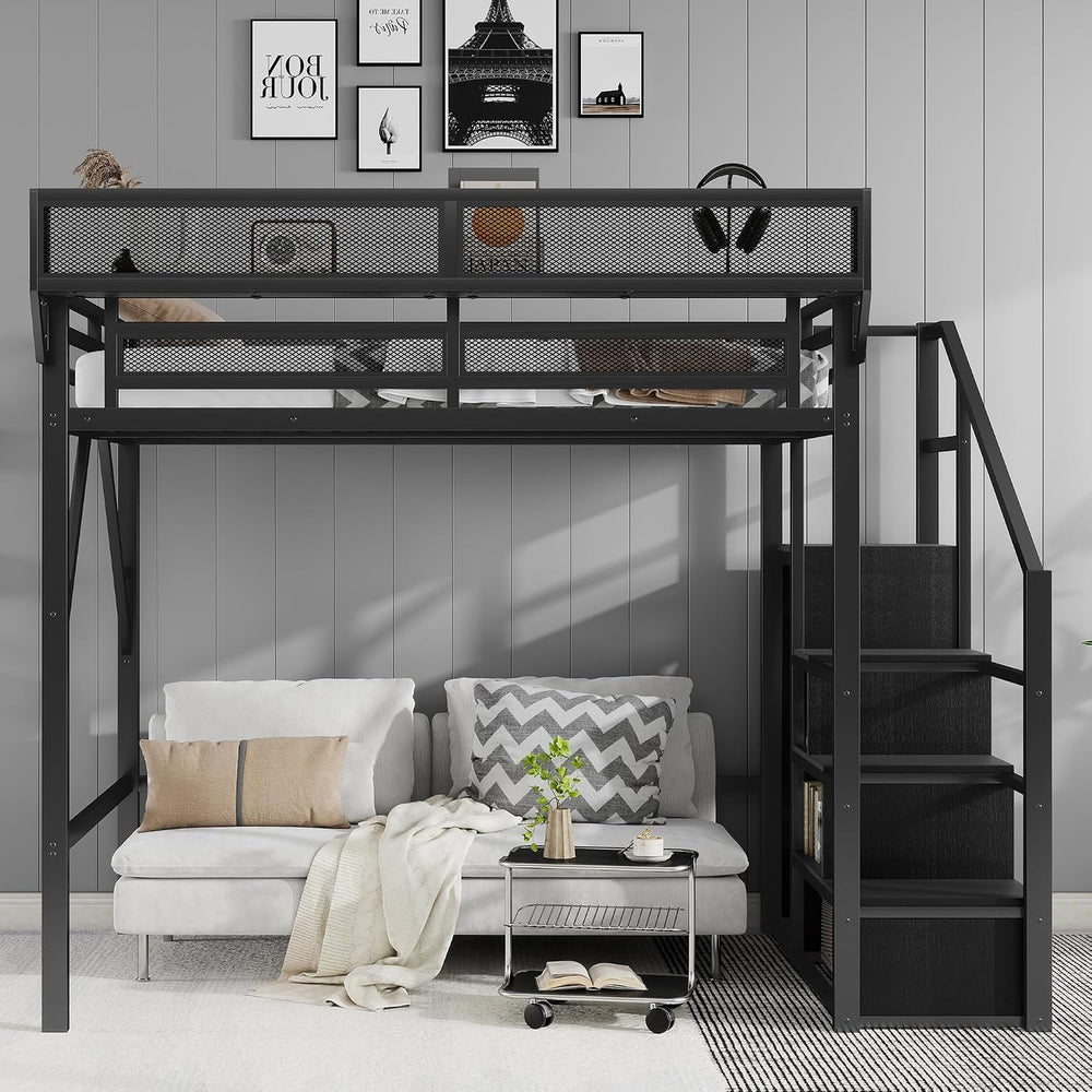 KEIKI Full Size Metal Loft Bed Frame with Convertible Staircase, Built-in Sto...