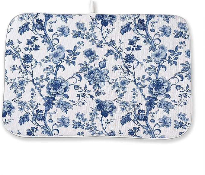 Blue Floral Dish Drying Mat 18 x 24 Inch Vintage Navy Blue Floral Drying Mat by Sorktse