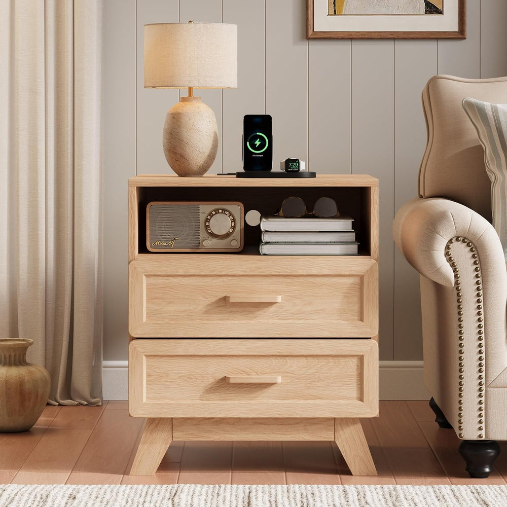 YANSNWO Natural Nightstand with Charging Station, 23.6" Tall Bedside Table