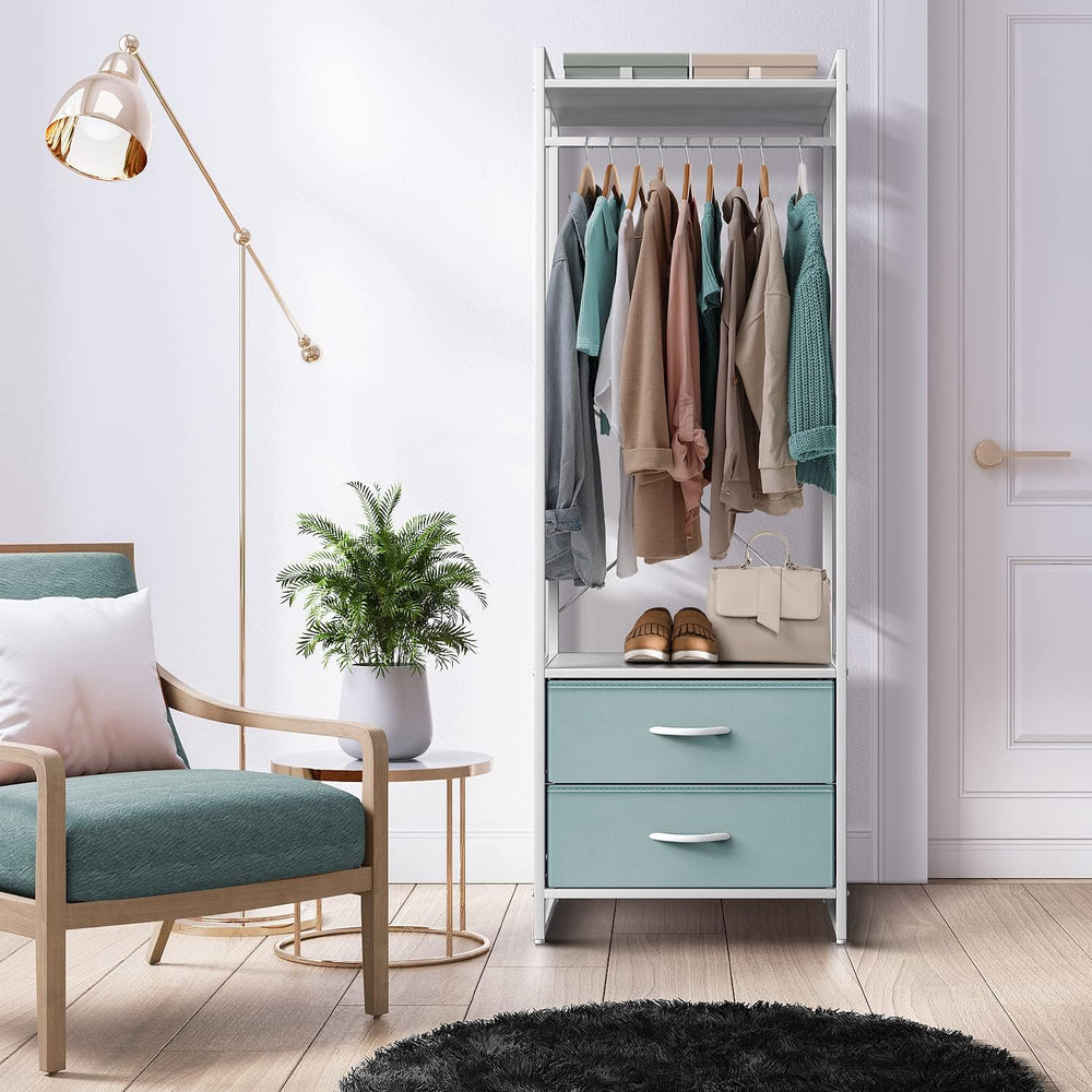 Sorbus Tall Clothing Rack with Drawers, Wood Top (Aqua)