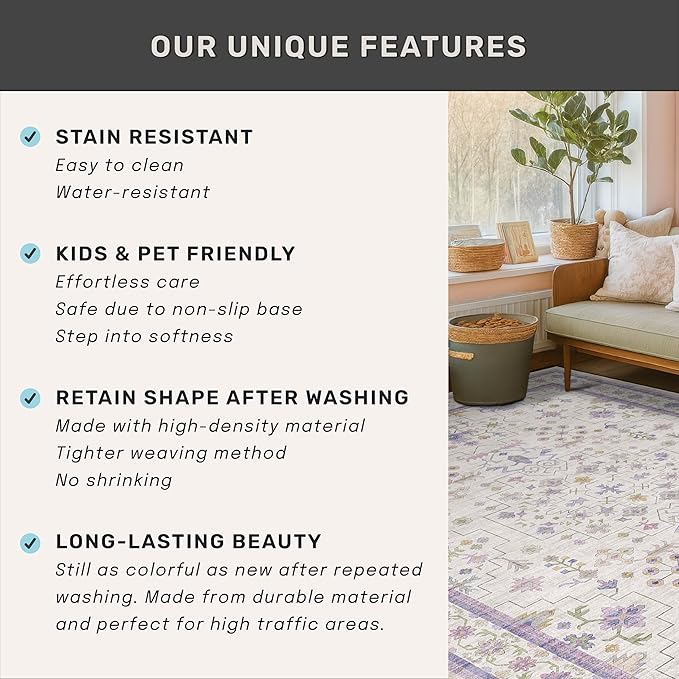 Hazo Haus 6x9 Lavender Rug for Bedroom, Kids Playroom, Non Slip Large Washable - Image 7