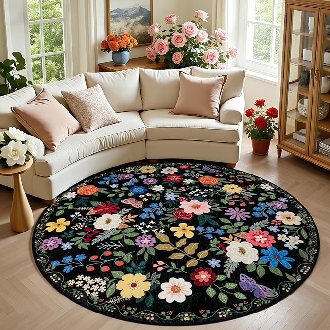 Round Area Rug for Living Room: 6 ft Floral Washable Circle Rug Soft Boho by PLHXFRSoftAreaRugs