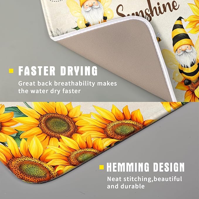 Giwawa Bee Gnomes Dish Drying Mat, Summer Sunflowers Elf Dish Drainer Mats - Image 3