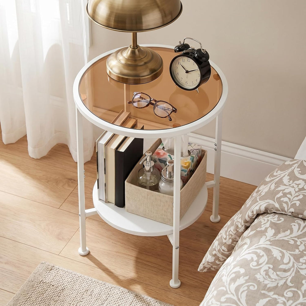 2 Tier Round Side Table with Tempered Amber Glass Top, White Metal End Table ...