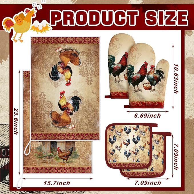 Leinuosen 6 Rooster Farmhouse Kitchen Decor Dish Towels Oven Mitts and Pot - Image 3