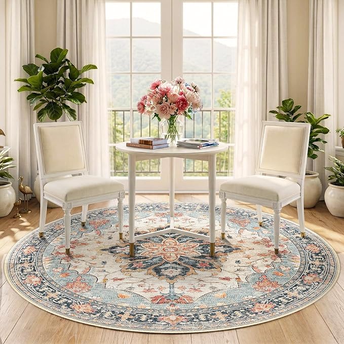RELEANY Area Rugs 5ft Washable Non-Slip, Floral Vintage Distress Print Pattern - Image 2