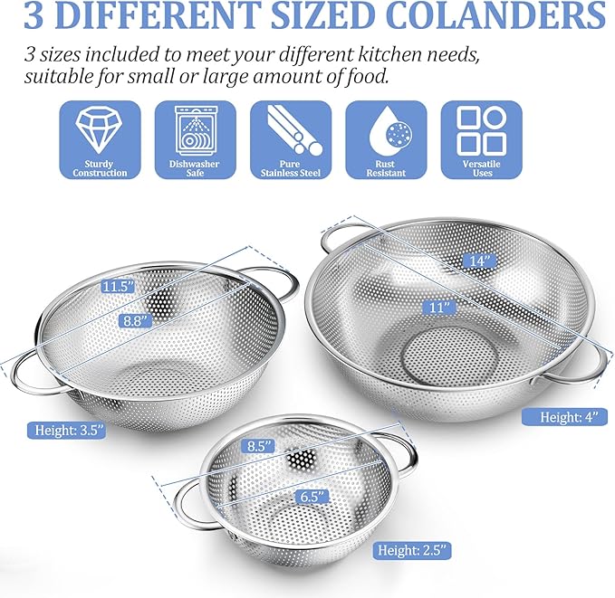 TeamFar Colander Set of 3, Stainless Steel Perforated Metal Colander Strainer - Image 2