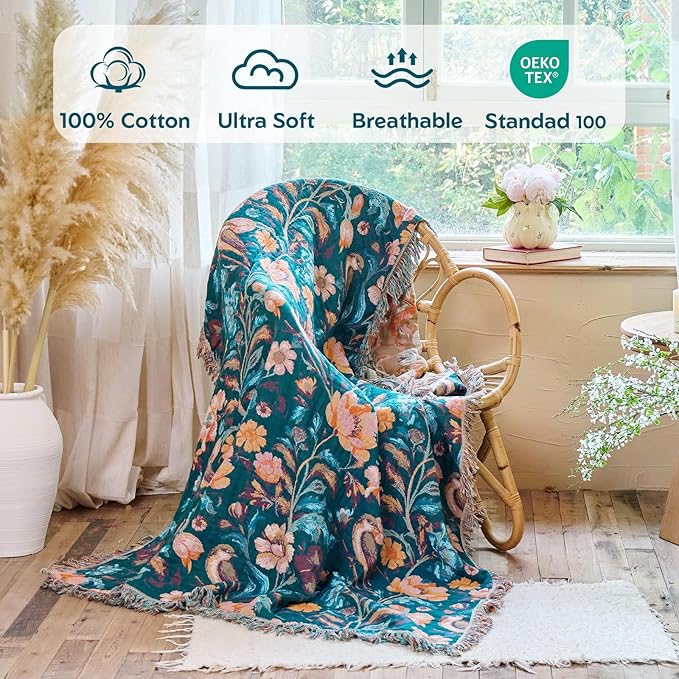 MSGKV Boho Throw Blanket for Bed 60"x80" Cotton Birds Floral Twin Size Couch - Image 2