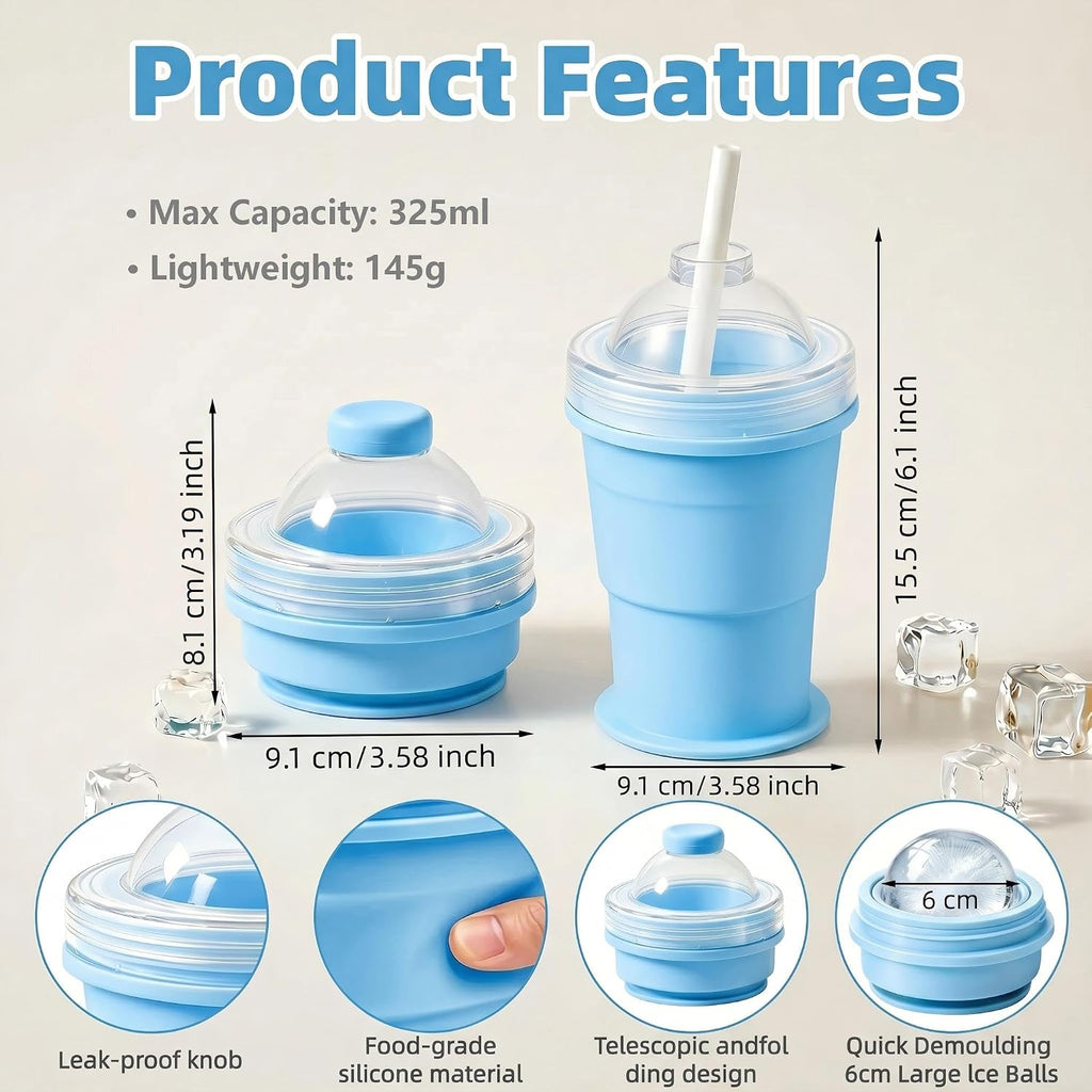 2-in-1 Collapsible Silicone Ice Ball Maker Cup, Reusable Portable Large Ice Sphere Mold with Straw & Lid, Easy to Demo, Leakproof Travel Ice Mold Cup for Coffee,Whiskey,Juice Gym Outdoor-Blue
