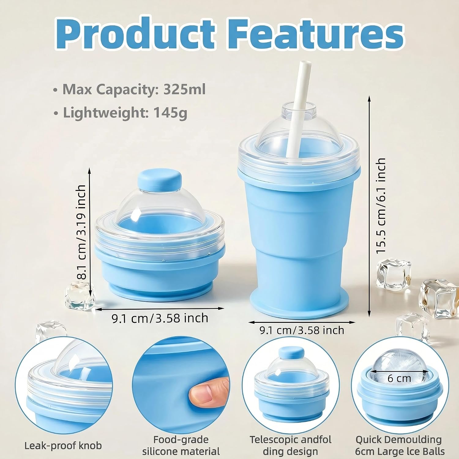 2-in-1 Collapsible Silicone Ice Ball Maker Cup, Reusable Portable Large Ice Sphere Mold with Straw & Lid, Easy to Demo, Leakproof Travel Ice Mold Cup for Coffee,Whiskey,Juice Gym Outdoor-Blue