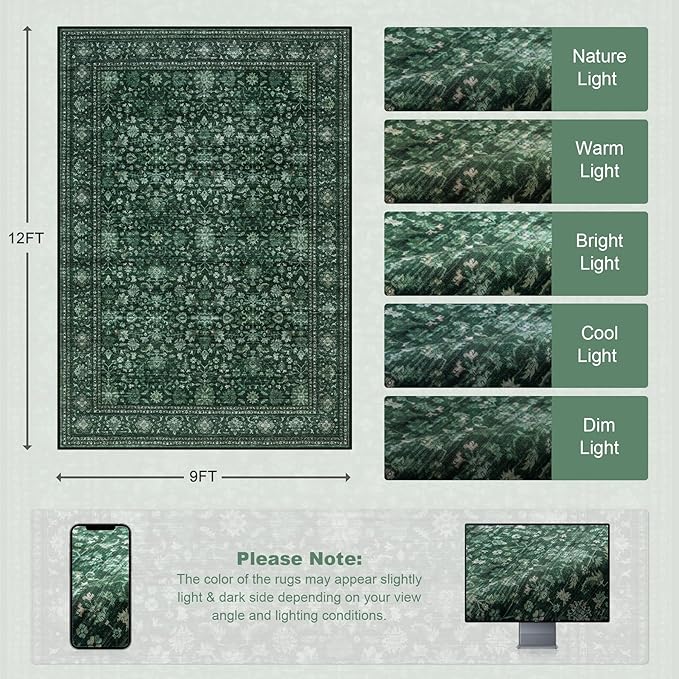 Area Rugs 9x12 Living Room Rug: Washable Rug Soft Vintage Distressed Floral - Image 2