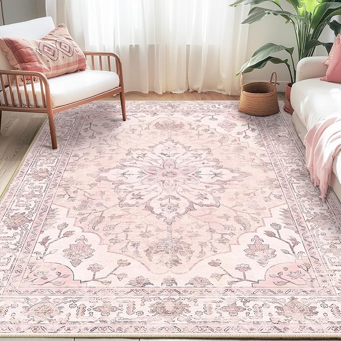 Area Rugs 5'x7' Washable Non-Slip, Floral Vintage Distress Print Pattern - Image 3