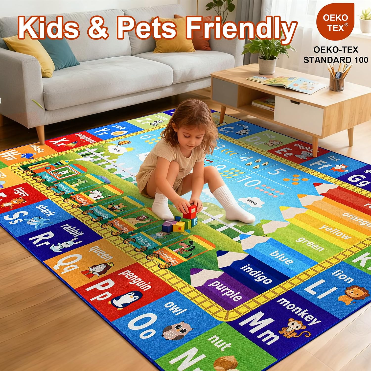 5x7 Kids Rug for Playroom Classroom Bedroom,ABC Rugs | Educational Rug for Learning Alphabet,Numbers,Colors,Season and Animal Words,Non Slip Washable Play Mat for Toddler Decor