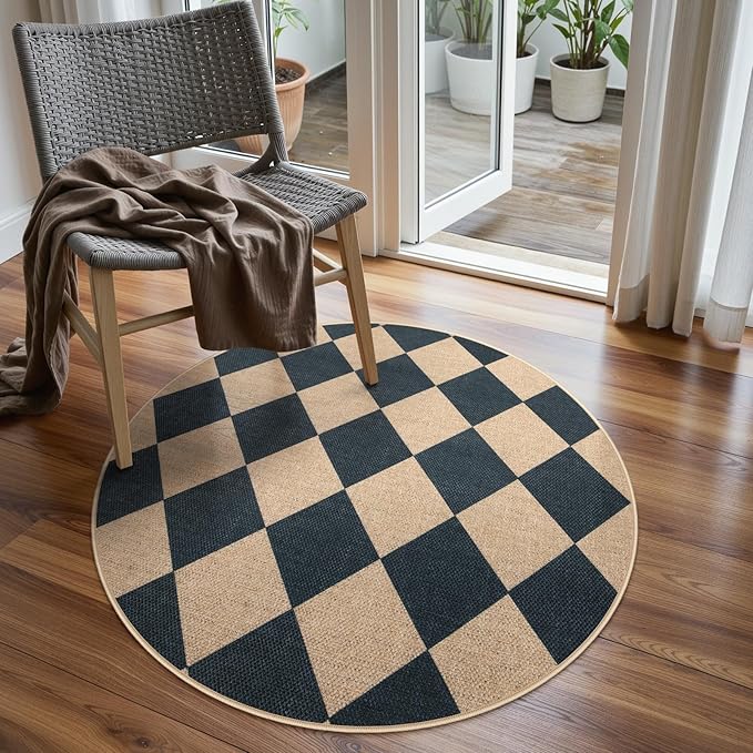 Lahome Colette Checkered Round Rug 3ft, Circle Indoor Outdoor Entryway Patio by Lahome