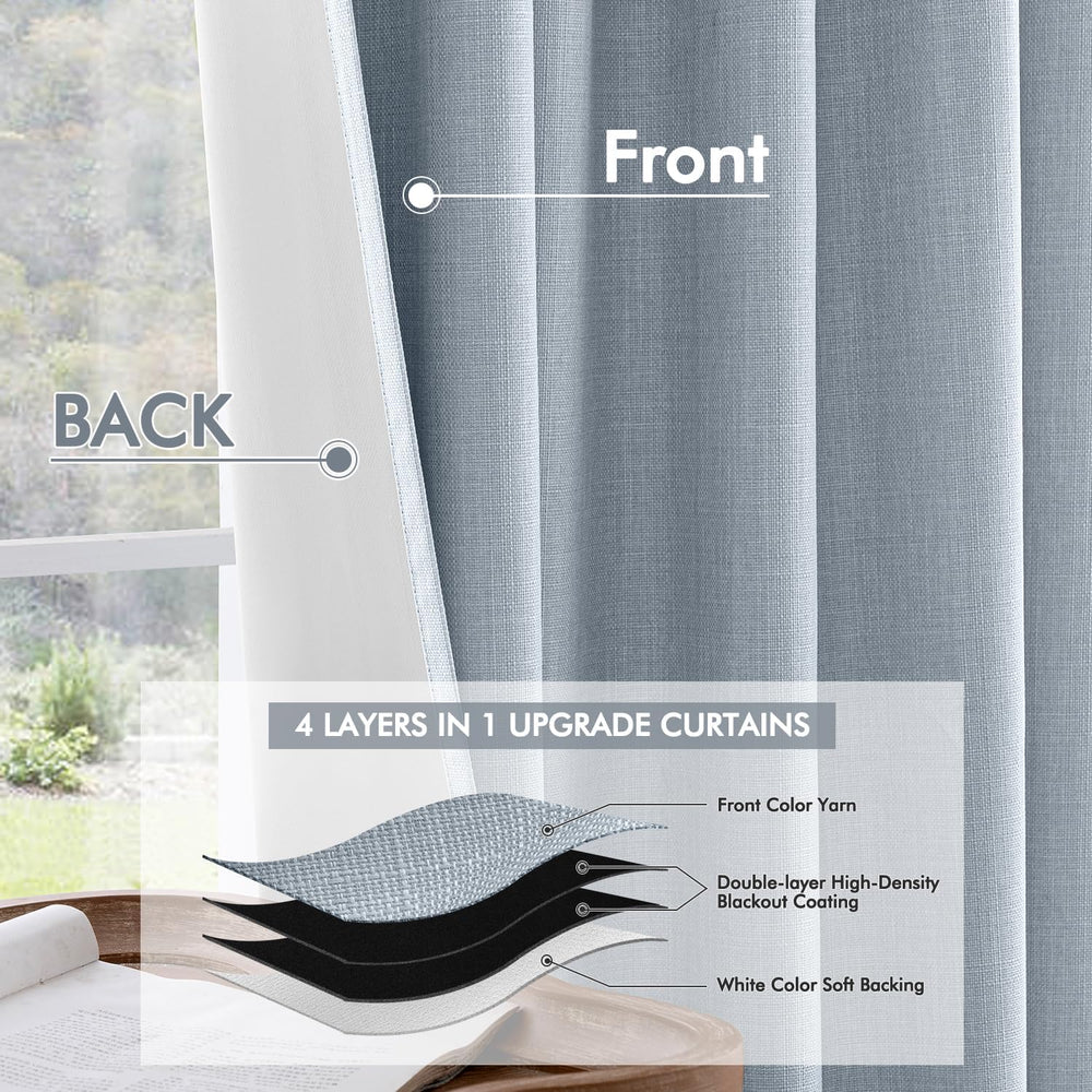 MIULEE 100% Blackout Back Tab Pleat Linen Curtains 50" Wx84 L,Chambray Blue