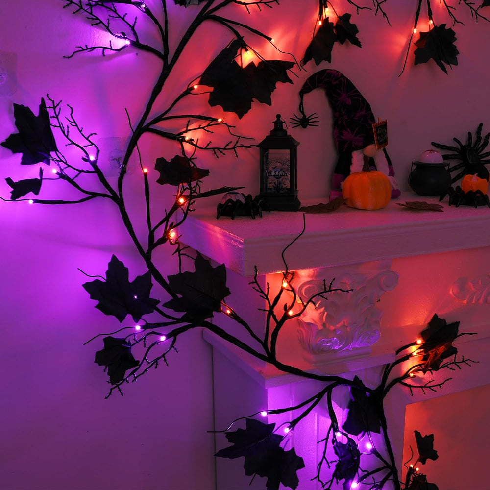 9 FT 72 LED Willow Vine Twig Decor Black Halloween Garland with Orange & ...