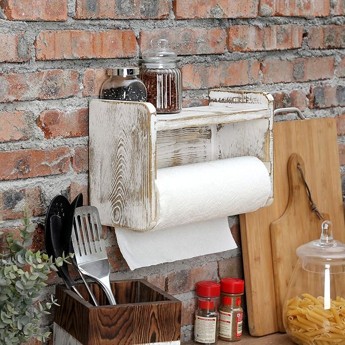 MyGift Farmhouse Paper Towel Holder, Shabby Whitewashed Wood Farmhouse Wall - Image 4