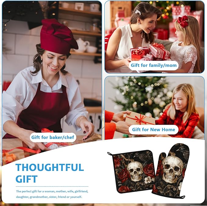 Halloween Skull Rose Crow Oven Mitts and Pot Holders Sets Heat Resistant 4Pcs - Image 7