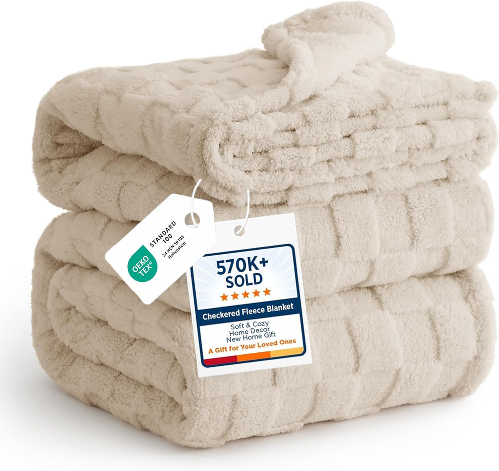 Bedsure Checkered Soft Cozy Queen Blanket for Bed, Beige, 90"×90"