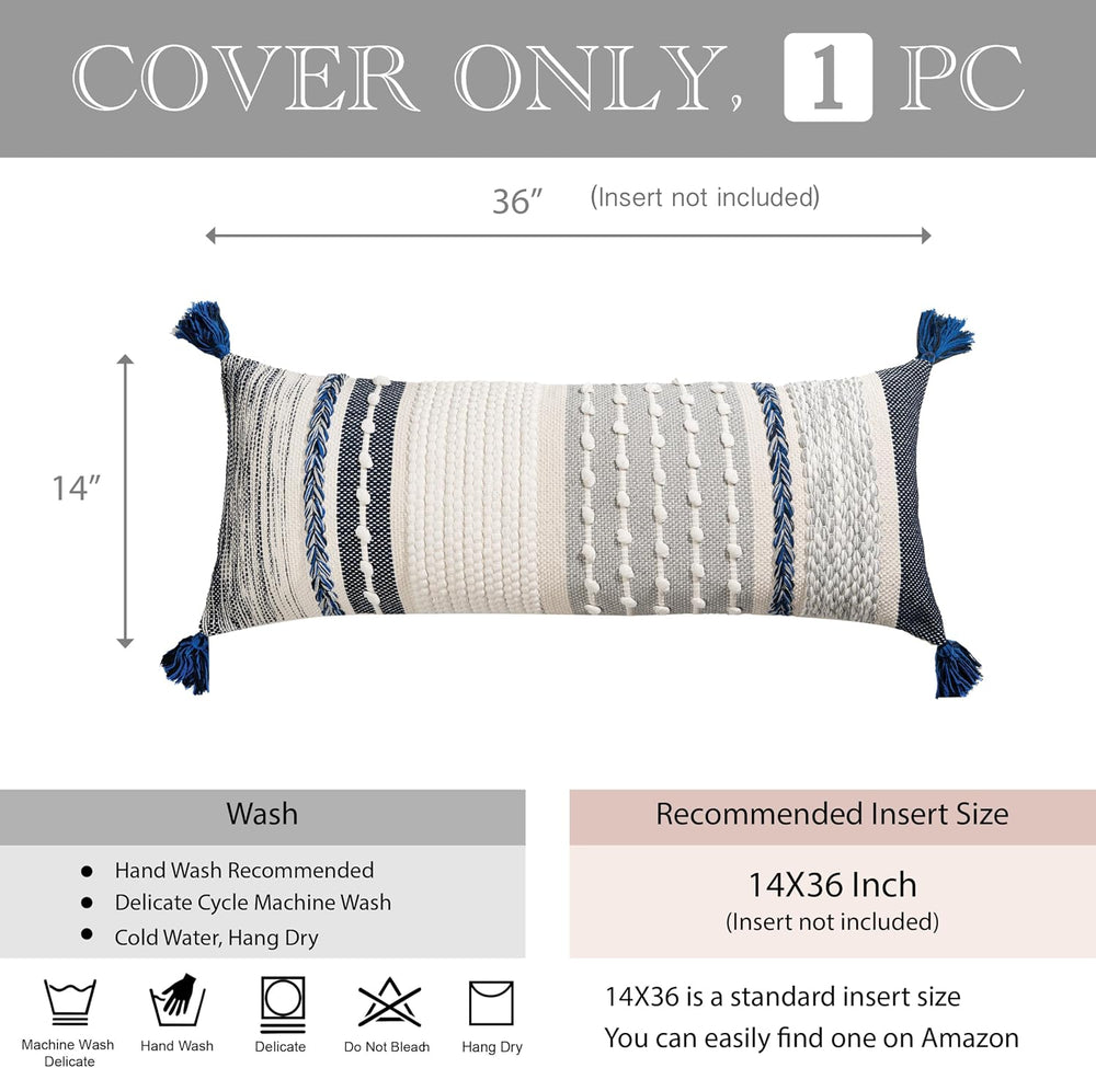 BlissBlush Navy Dark Blue Boho Decorative Lumbar Pillow Cover 14x36, Long Bod...