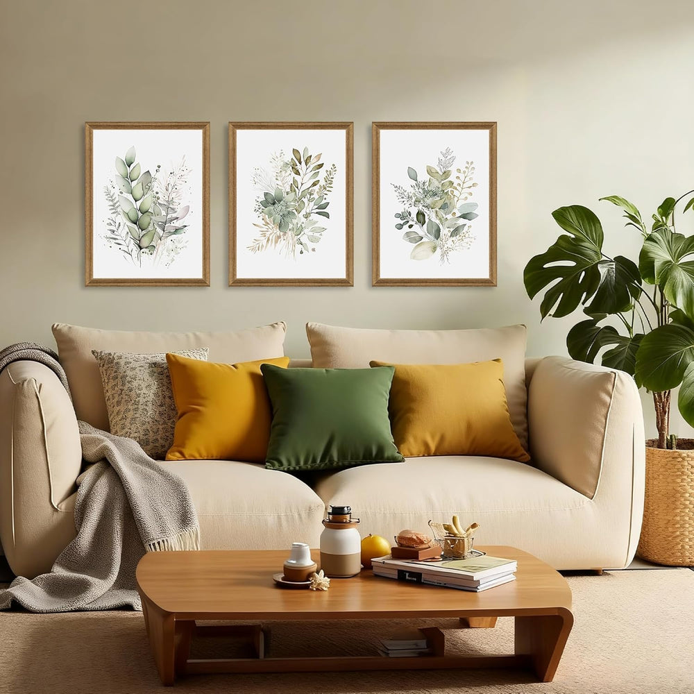 WRFON Framed Sage Green Botanical Wall Art Set of 3, Watercolor Eucalyptus &a...