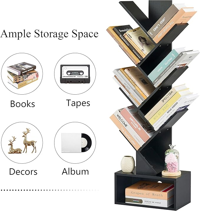 Hoctieon 6 Tier Tree Bookshelf, Tall Bookcase with Drawer, Freestanding Book ...