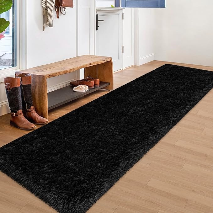 2x8 Bedside Area Rugs for Bedroom Soft Fluffy Shag Black Rug for Hallway