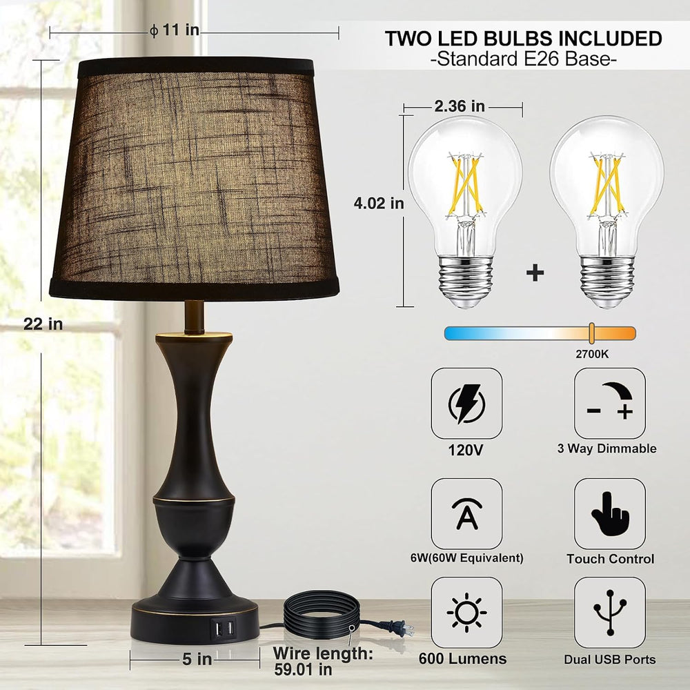 Black Touch Table Lamps Set of 2, 22" Tall Bedside Lamps