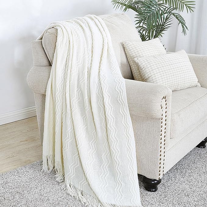 BOURINA Off White Throw Blanket 50x60 Inches Throw Textured Solid Soft Sofa - Image 4