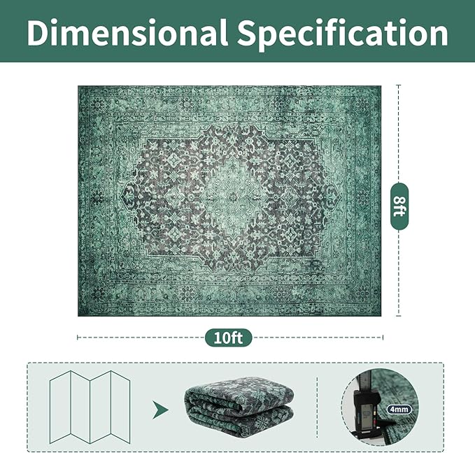 Washable Rugs 8x10 Area Rugs for Living Room- Vintage Green Rugs for Bedroom - Image 2
