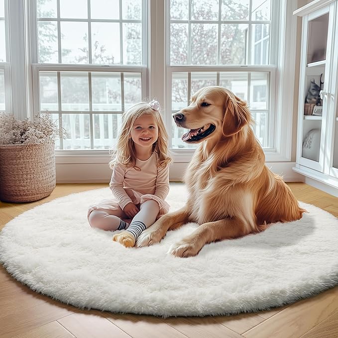 ONASAR Cream White Round Area Rug 4ft, Fluffy Ultra Soft Bedroom Circle Rugs - Image 9