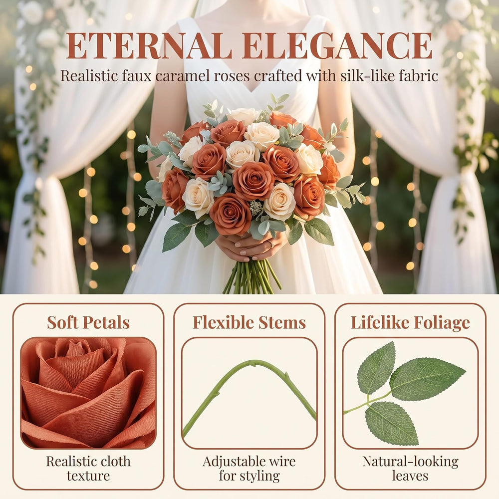 JUSMAI 30pcs Fake Roses Burnt Orange Artificial Flowers Fall Flowers