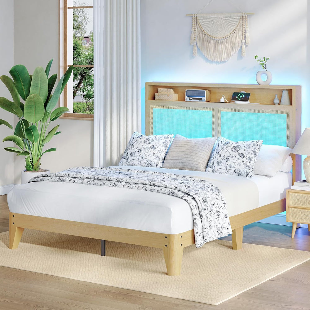 IDEALHOUSE Rattan Queen Bed Frame with Natural Rattan Headboard,Bohemian Quee...