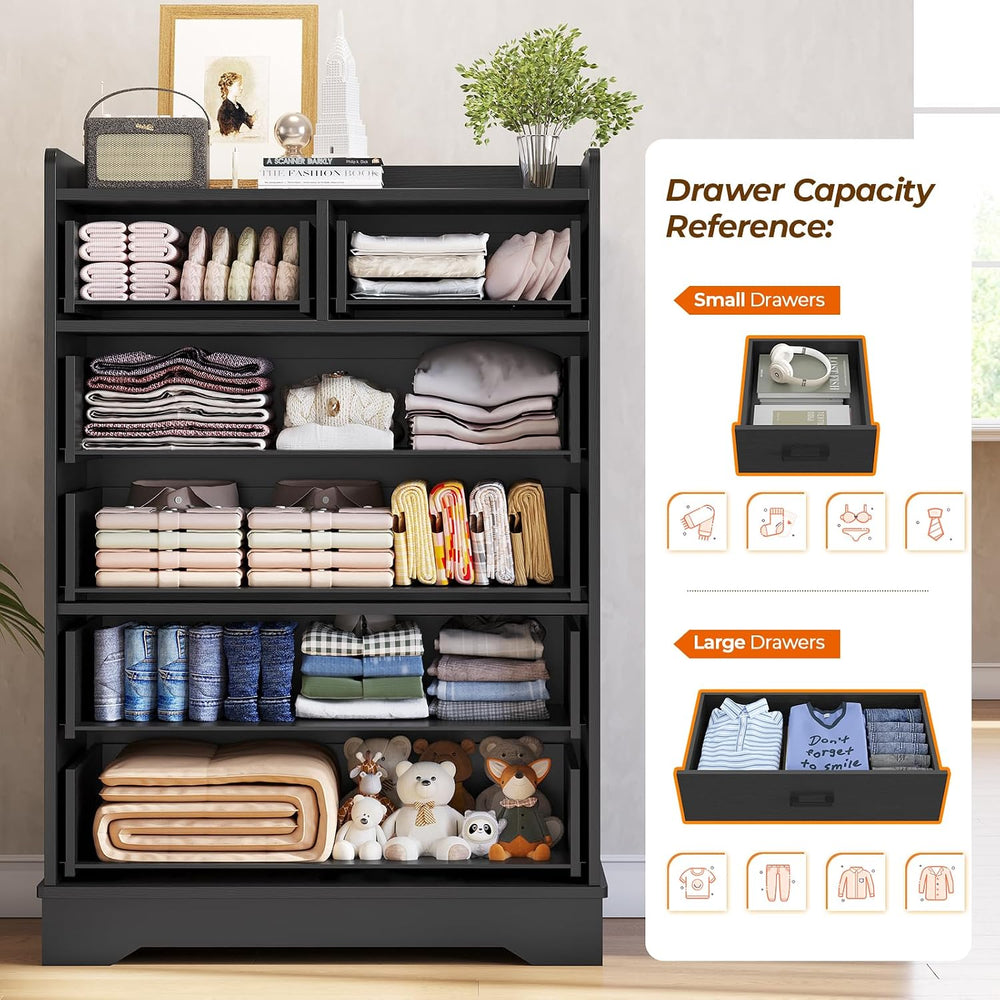 Black 6 Drawer Dresser, Wooden Storage Chest of 6 Drawers, Vertical Large Cap...