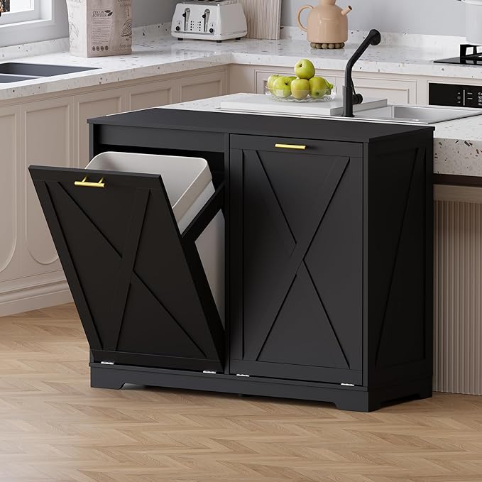 Double Tilt Out Trash Can Cabinet, Wooden Farmhouse Kitchen Garbage Bin