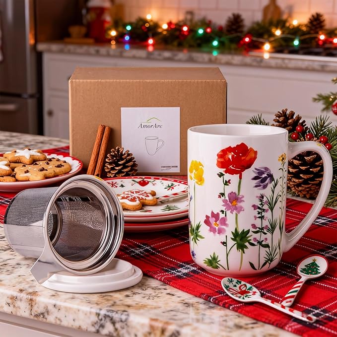 AmorArc Porcelain Tea Mug with Infuser and Lids, 18 Oz Coffee Cup Strainer with - Image 8