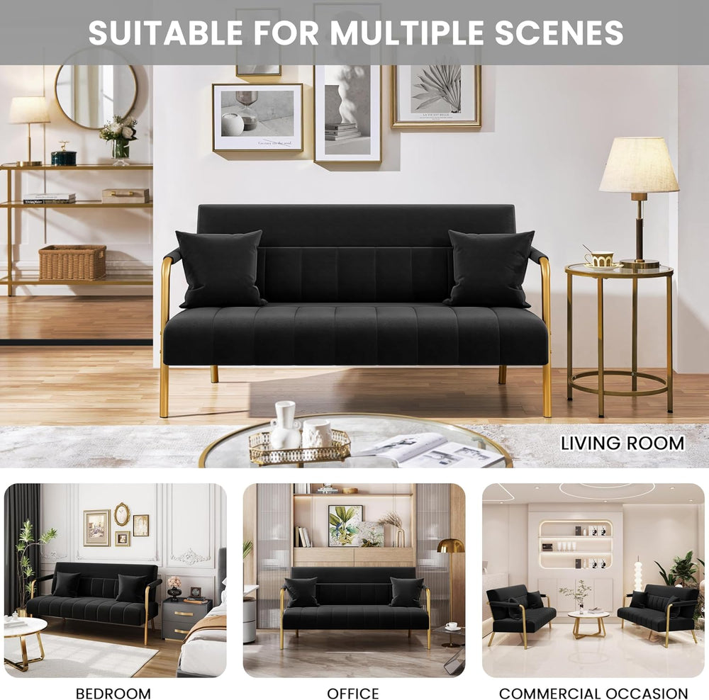 Yaheetech 56.5" Small Sofa 2 Seater Couch with Gold-Tone Legs, Black