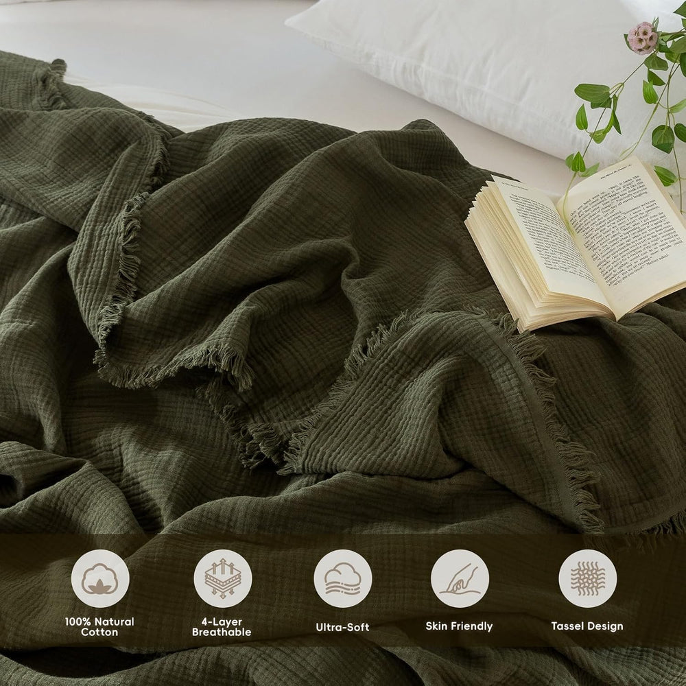MooMee 100% Cotton Muslin Blanket, Fringed 4-Layer Gauze Bed Throw Blankets