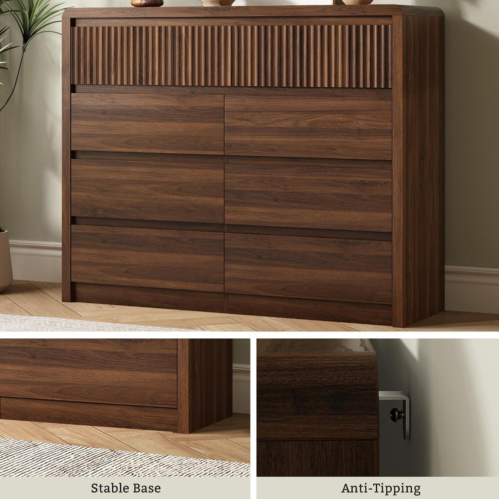 LYNSOM Walnut Fluted 9 Drawer Dresser for Bedroom, Curved Edge, 50" Wide