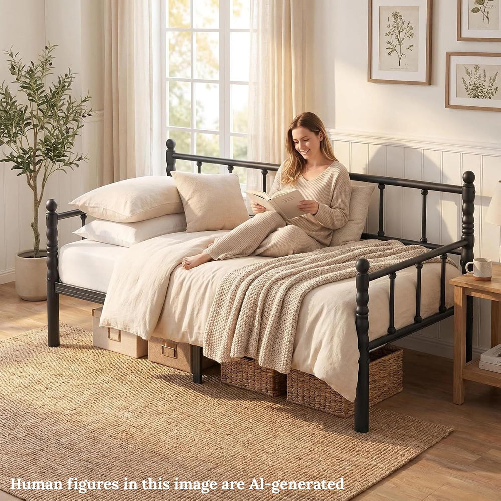 12 Inch Twin Metal Daybed Frame with Vintage Headboard