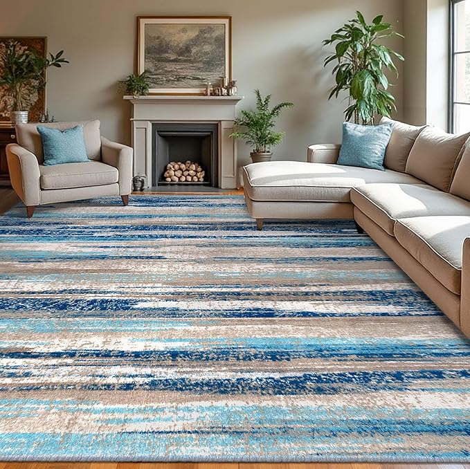 Lansny Modern Abstract 9x12 Large Machine Washable Living Room Rug Non-Slip by lansny