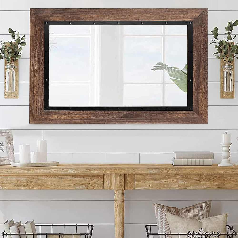 YOSHOOT Rustic Wooden Framed Wall Mirror, Natural Wood and Iron Bathroom Vani...
