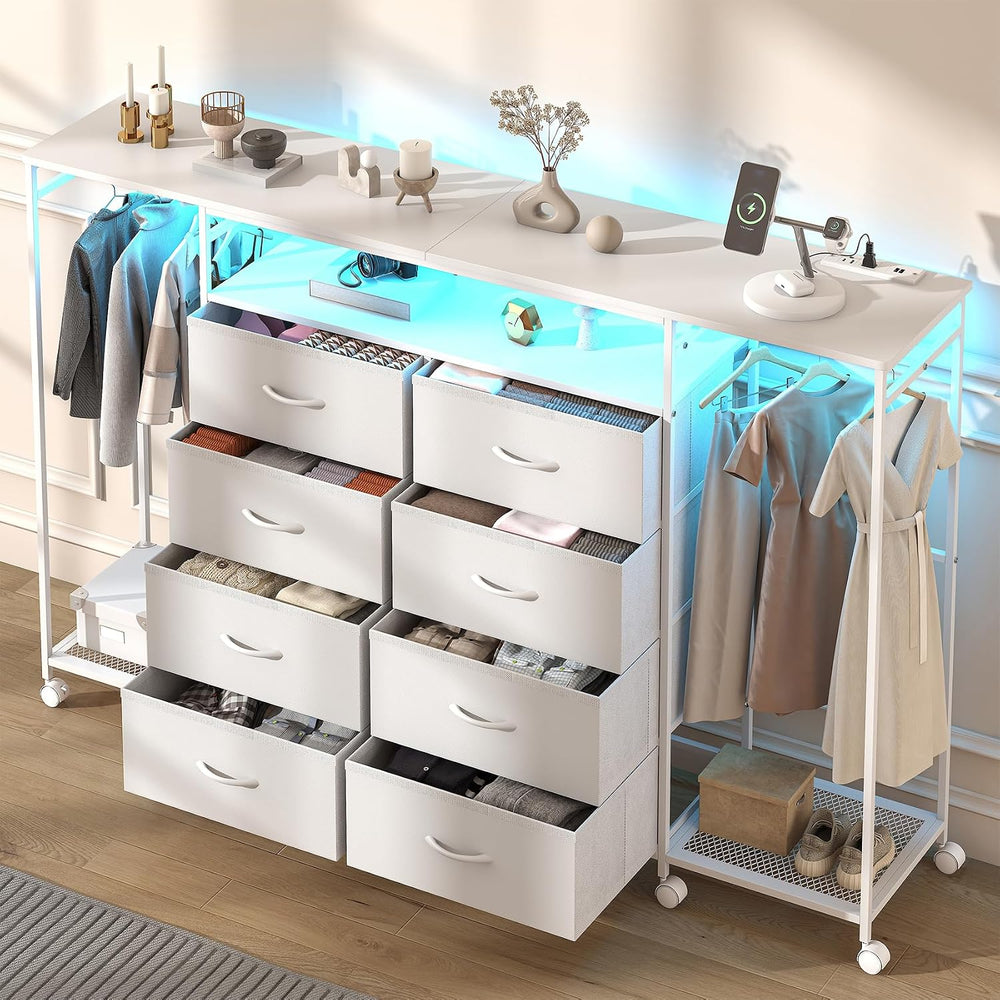 59.1" W Dresser for Bedroom with Hanging Rack, 8 Drawer Dresser with LED...