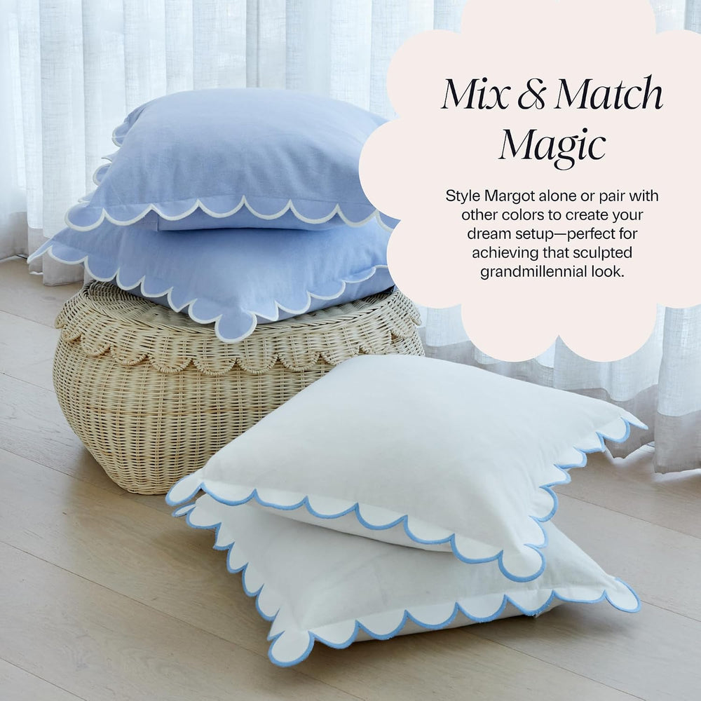 BEBE BASK Scalloped Pillow Cover Set of 2, 18x18, 100% Cotton - White/Blue