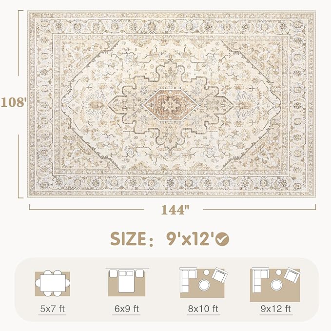 Area Rugs 9x12 Vintage Rug: Large Washable Living Room Rug Retro Medallion - Image 2