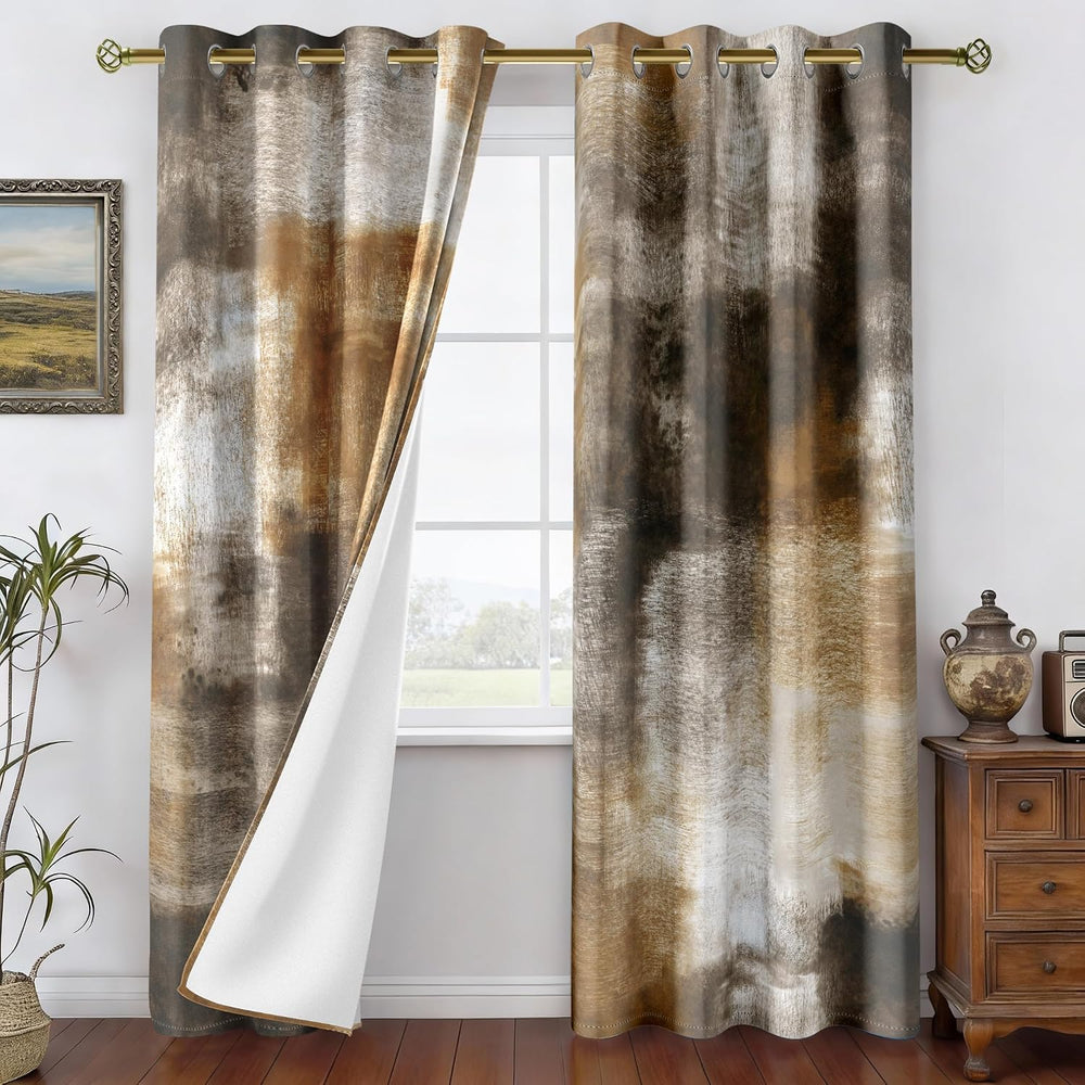 Tan Abstract Curtains for Living Room Bedroom, 52W x 84L, 2 Panels