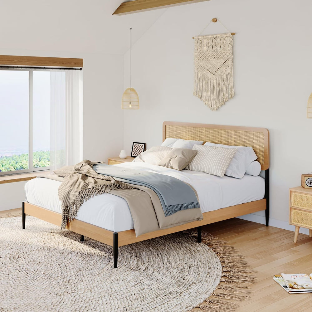 Queen Rattan Bed Frame, Woven Headboard, Wood Platform, No Box Spring